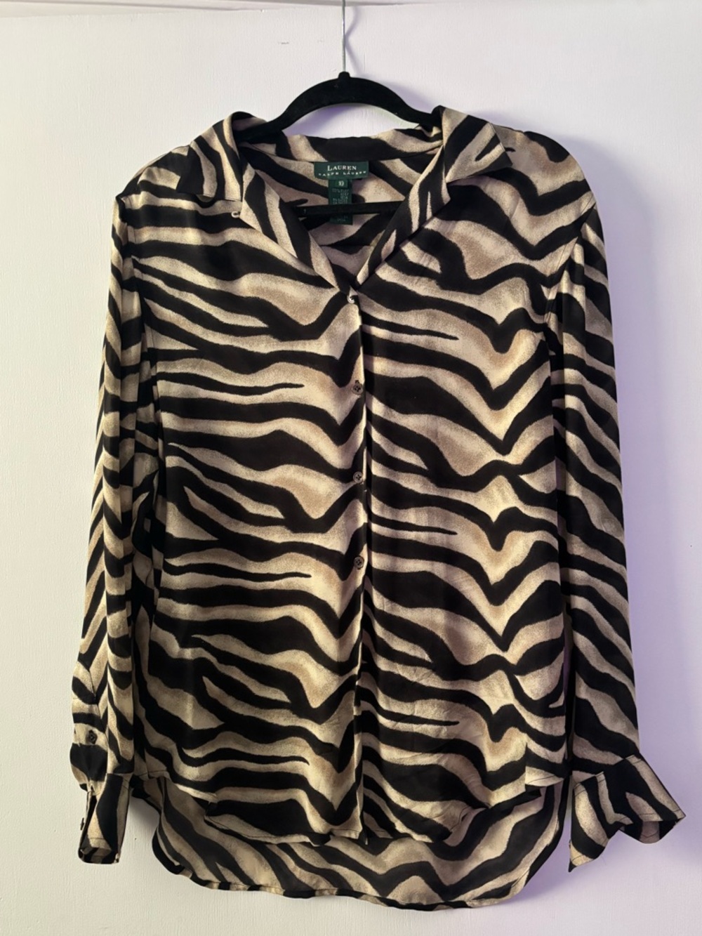 Lauren Ralph Lauren neutral animal print 100% silk work office blouse size 10
